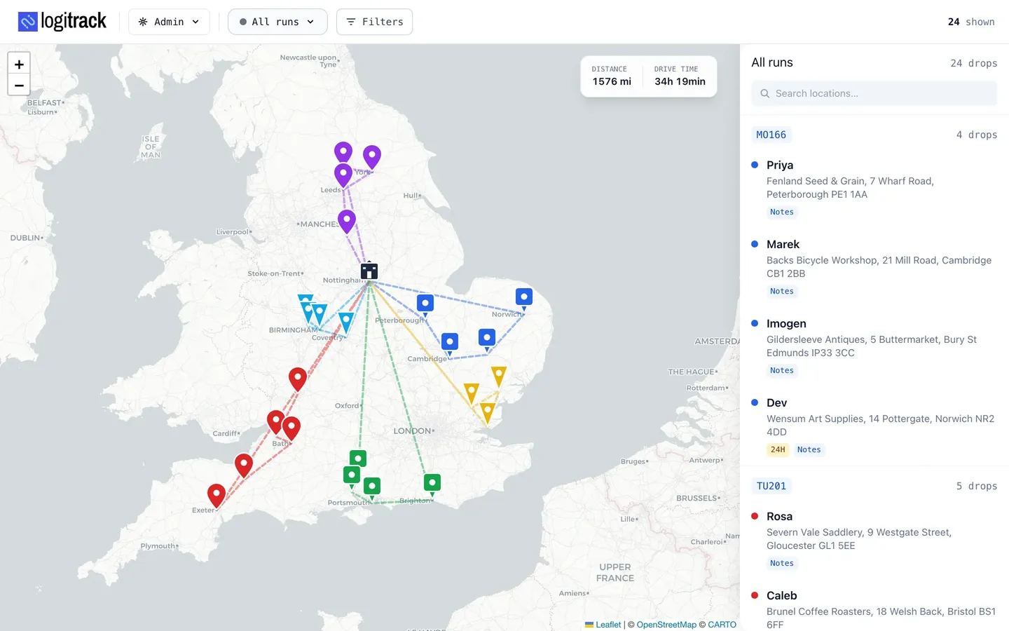 Logitrack: a day's delivery runs plotted on a map, with the drop list beside it