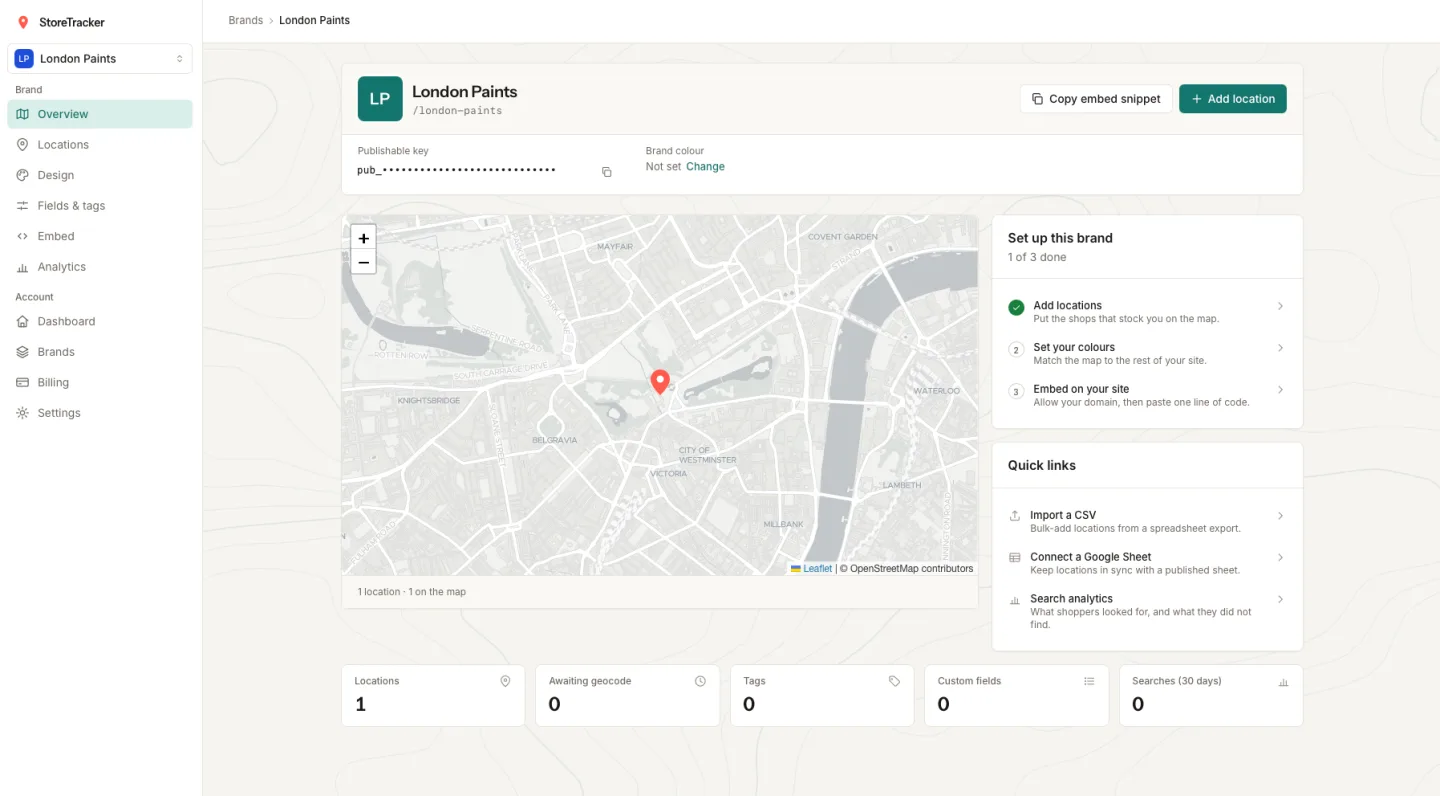 StoreTracker: a brand's overview with its shops on a map, setup steps and location counts